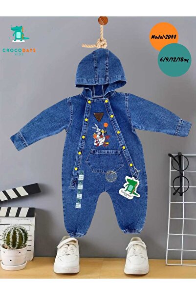 CROCODAYS Unisex Çocuk Bebek Kot (JEANS) Baskılı Kapşonlu Tulum (3/6/9/12/18/24) Ay