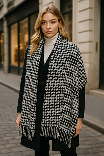 Luminos Butik Women's Black Houndstooth Patterned Scarf - Shawl 70x180 Cm Sal1220