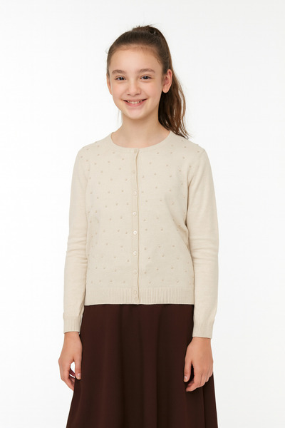 Minora Triko Kız Çocuk incili Hırka BEJ