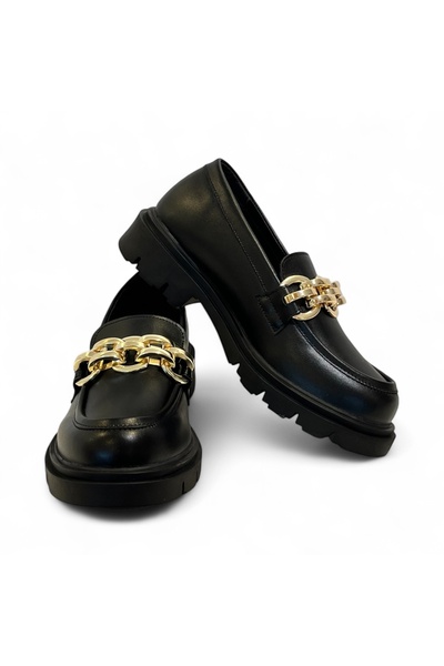 Asya Women's Black Thick Sole Chain Detailed Loafer Shoes