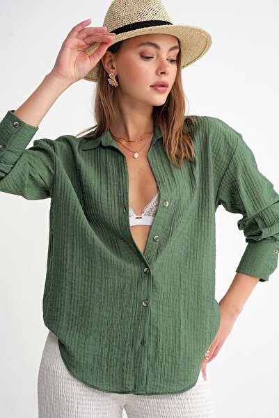 Mixray 4642 Kadın Apoletli Kraşlı Gömlek Haki
