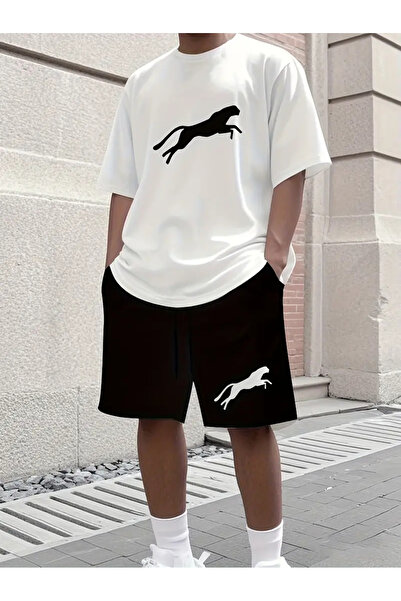 ACTIVE MODA -Printed Tigger Men's Cotton Large Size Tshirt-Shorts 2 Piece Set Oversize