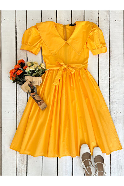 KÜÇÜĞÜM BUTİK Sarı Büyük Yakalı Poplin Kloş Elbise