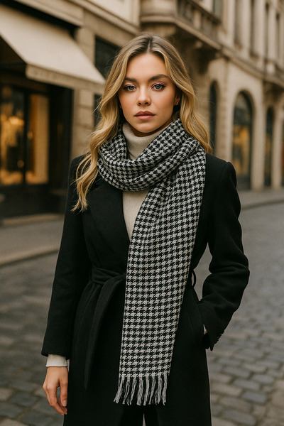 Luminos Butik Women's Black Houndstooth Patterned Scarf - Shawl 70x180 Cm Sal1220