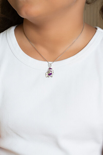 So CHIC... Mor Palyaço 18 Ayar Beyaz Altın Kaplama 33 Cm Gümüş Çocuk Kolyesi