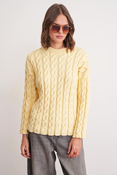 Mixray 6973 Women's Braided Regular Basic Knitwear Sweater Pastel Yellow