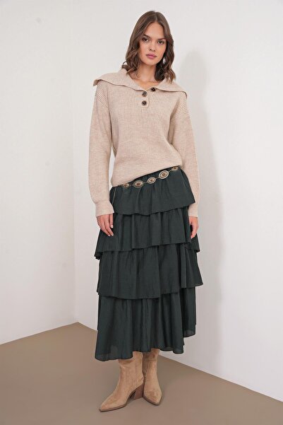 Mixray 6900 Model Beige Women's Knitwear Sweater - Buttoned and Turn-Down Collar