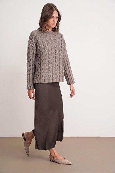 Mixray 6973 Women's Braided Regular Basic Knitwear Sweater Toprak