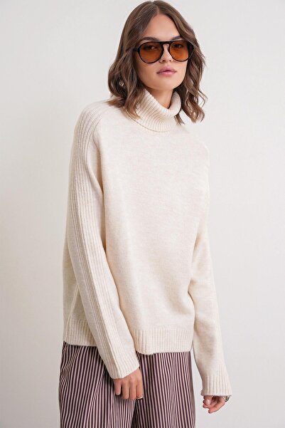 Mixray 6907 Жіночий трикотажний светр з деталями та шнурівкою, натуральний колір