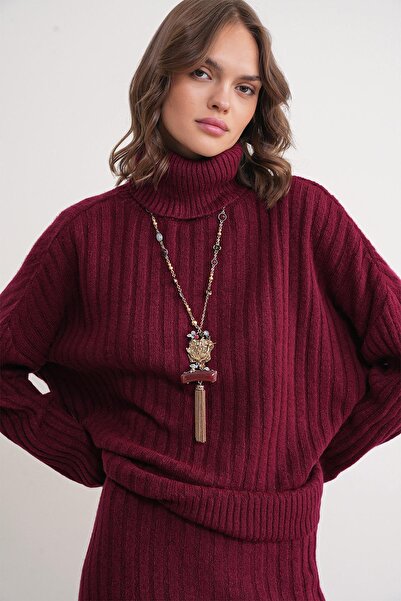 Mixray 6928 Pulover de damă cu nervuri - Gât roșu, roșu claret