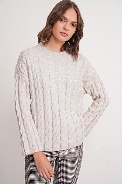 Mixray 6973 Women's Braided Regular Basic Knitwear Sweater Stone