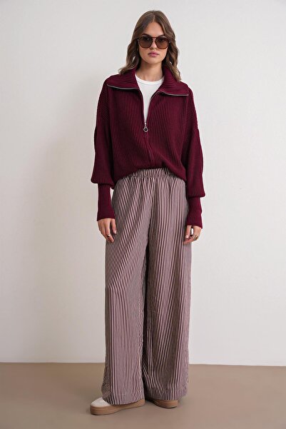 Mixray 6919 Women's Zippered Turtleneck Knit Cardigan Burgundy