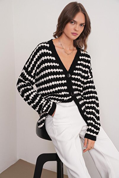 Mixray Black 6882 Model Women's Knitwear Cardigan - Eyelash Patterned