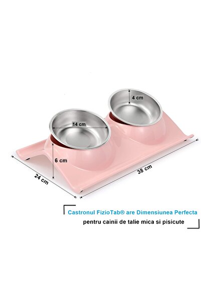 FizioTab Castron Hranire cu 2 Boluri Inox, FizioTab® – Pentru Caini de Talie Mica si Pisicute, Roz