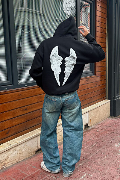 Sekizbiraltı هودي أسود كبير الحجم مطبوع عليه جناح للجنسين