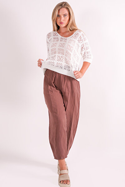 Wearified Knitwear Blouse Summer Pullover Lace Openwork Ethnic Pattern Bat Sleeve Boat Neck Pareo Women's Blouse