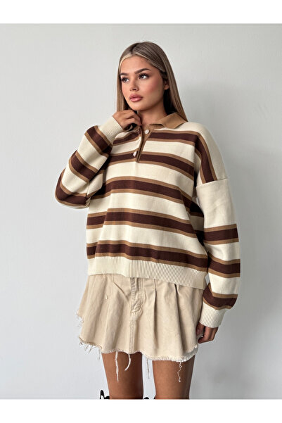 BEJNA Women's Beige Polo Neck Striped Knitwear Sweater