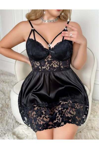CHI'LA Collection Plus Size Lace Embroidered Chest Rope Detail Black Satin Nightgown