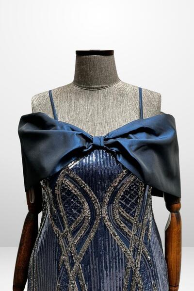 By Saygı Women's Thin Strap Satin Bow Boat Neck Sequin Embroidered Lined Plus Size Midi Dress