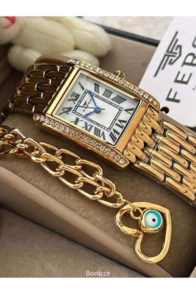 FERRO In a Stylish Box, Yellow Steel Band, Vip Series Women's Wristwatch with Bracelet Gift