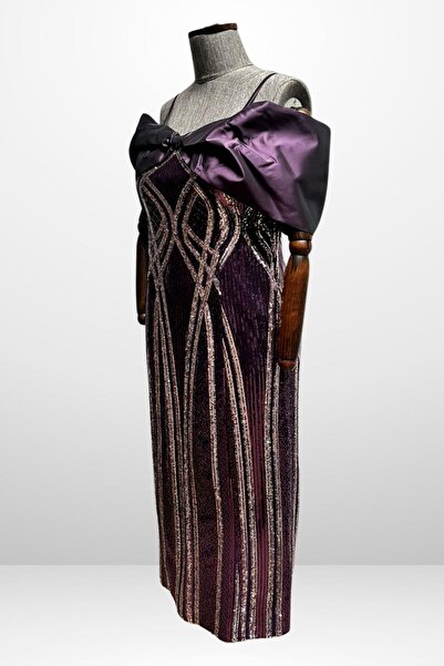 By Saygı Women's Thin Strap Satin Bow Boat Neck Sequin Embroidered Lined Plus Size Midi Dress