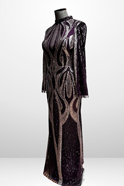 By Saygı Women's Stand Collar Sequin Embroidered Lined Plus Size Long Dress