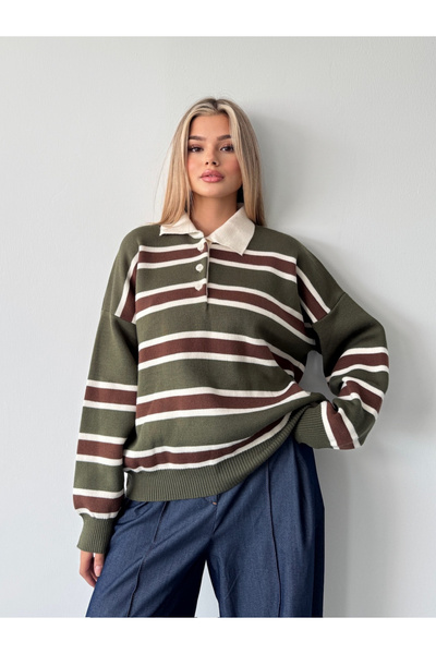 BEJNA Women's Khaki Polo Neck Striped Knitwear Sweater