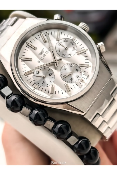 FERRO Men's Watch Steel Band, Silver - White Color, Bracelet Gift