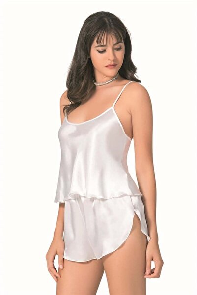 Aria s closet Stylish Design Soft Textured Ecru Satin Babydoll Shorts Set - S...