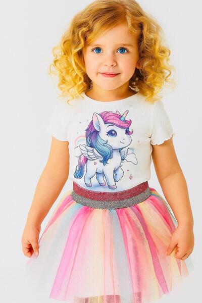 Unicorn Printed Silvery Rainbow Pattern Tutu Skirt Summer Duo Set