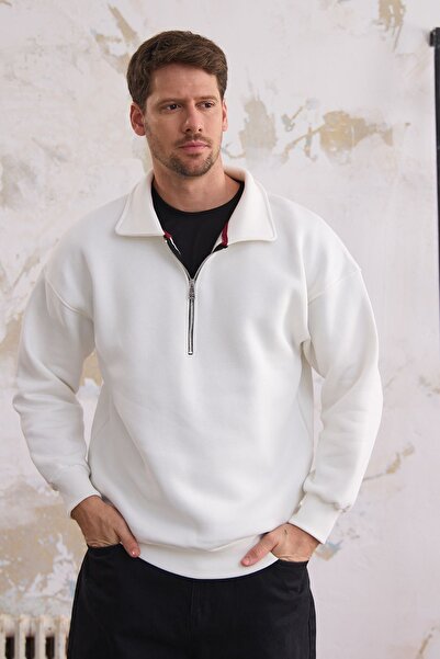 COMBİNE MİCHAİL Erkek Yarım Fermuar Regular Fit Sweatshirt BEYAZ