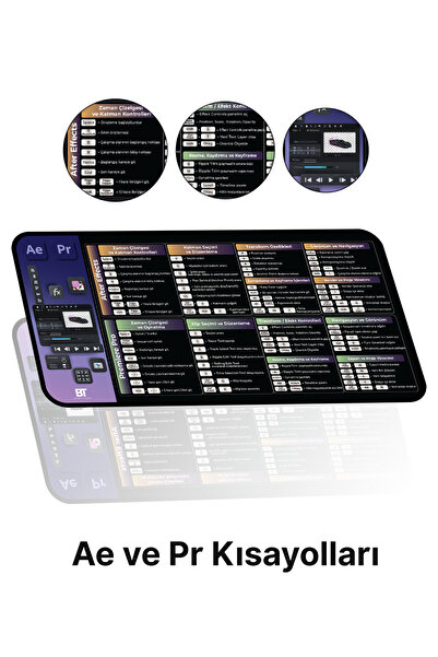 BATURAY TİCARET After Effects & Premiere Pro Mousepad Kısayol 80x40 Kaymaz Taban Büyük Klavye Fare Altlığı Mousepad