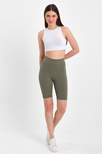 BANEGA Women's High Waist Comforting Khaki Ribbed Biker Shorts Short Tights