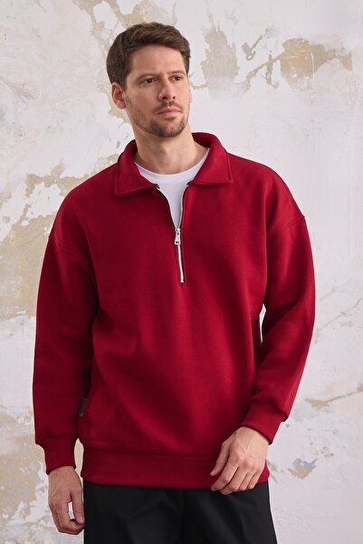 COMBİNE MİCHAİL Men's Red Regular Fit Sweatshirt - Half Zipper