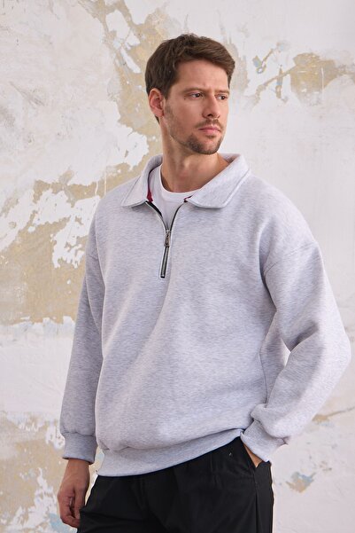 COMBİNE MİCHAİL Чоловічий бавовняний світшот з поларом - напівзастібка-блискавка, вільний крій, Grimelanj