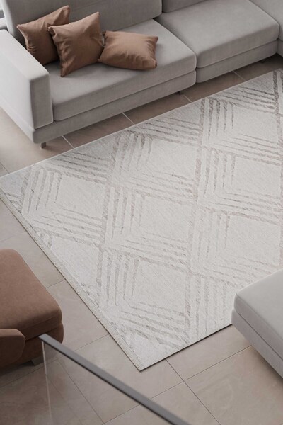 Oriente Home Antique Geometric Patterned Washable Non-Slip Base Chenille Brown Beige Kitchen Carpet 8384