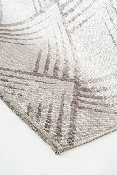 Oriente Home Antique Geometric Patterned Washable Non-Slip Base Chenille Brown Beige Kitchen Carpet 8384