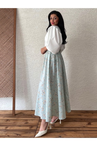 KÜÇÜĞÜM BUTİK Water Green Daisy Poplin Flared Skirt