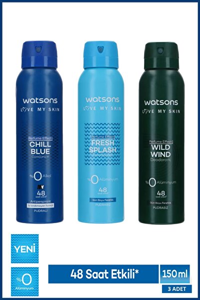 Watsons 3’lü Erkek Deodorant Seti – Chill Blue Pudralı Wild Wind Fresh Splash Pudrasız 150ml