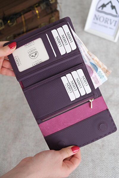 Norvi Leather Saraciye Stitched Multi-Compartment Genuine Leather Wallet for Women Purple 1065