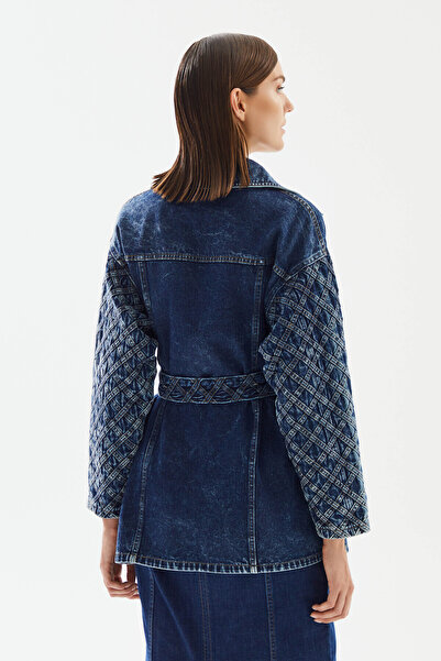 2be4a Kadın Şerit Desenli Kemerli Denim Ceket