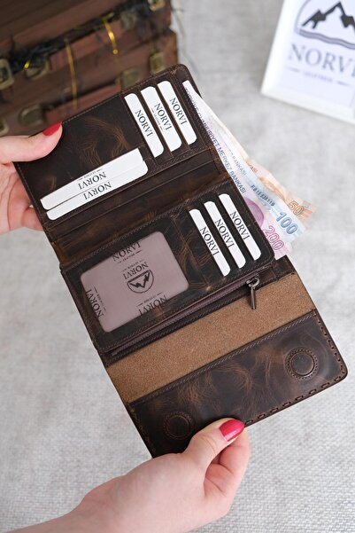 Norvi Leather محفظة نسائية من الجلد الطبيعي متعددة الأقسام مخيطة من ساراسيي، لون بني 1065