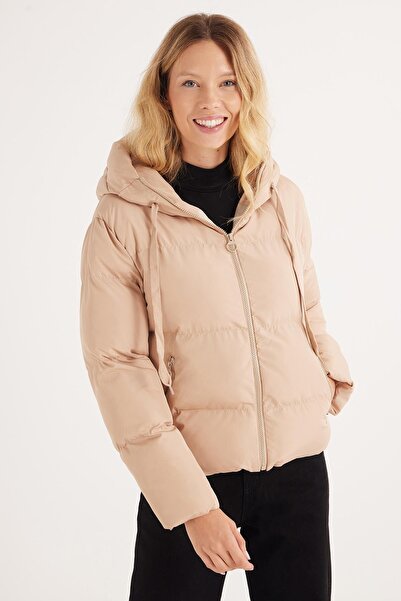 Tudors Γυναικείο παλτό μπεζ με κουκούλα κλασικής εφαρμογής