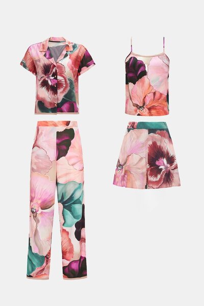 Amarelle Paradise Sklamen Woven Viscose Front Buttoned 4 Piece Pajama Set