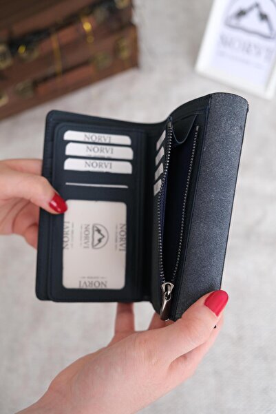 Norvi Leather Saraciye Dikişli Çok Bölmeli Hakiki Deri Cüzdan Kadın Koyu Mavi 1065