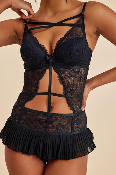 Amarelle Roma Siyah Dantelli Sütyen, Babydoll, Külot 4 Parça Çeyiz Seti