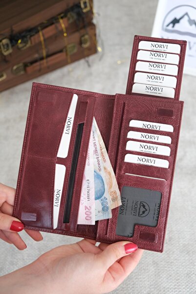 Norvi Leather محفظة جلدية أصلية مغناطيسية مع حجرة للهاتف لون أحمر داكن 1023