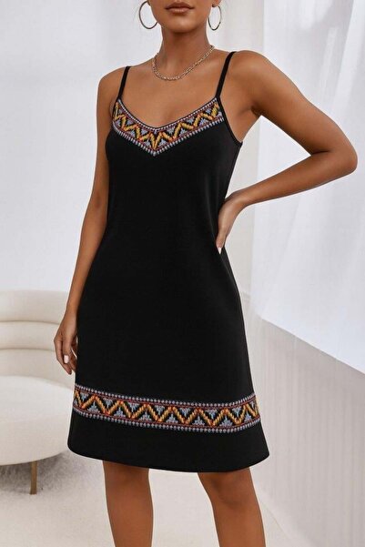 ARONA Women's Rope Strap V-Neck Ethnic Patterned Detailed Dress