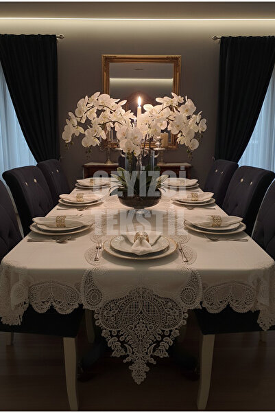 Çt Çeyizci Tekstil 12 Person Linen Fabric Cream Tableware Set - Cluster Tablecloth