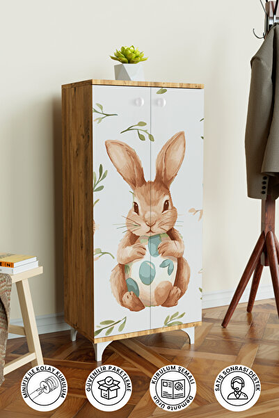 Hediyeler Kapında Pretty Rabit 3 Raflı Çocuk Odası Dolabı Çok Amaçlı Baskılı Oyuncak Dolabı Ahşap